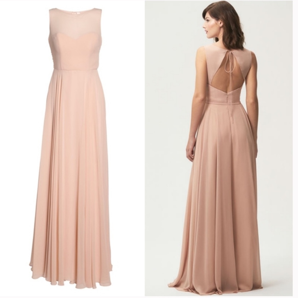 Jenny Yoo Elizabeth Chiffon Sheer Illusion Neckline Gown in Whipped Apricot